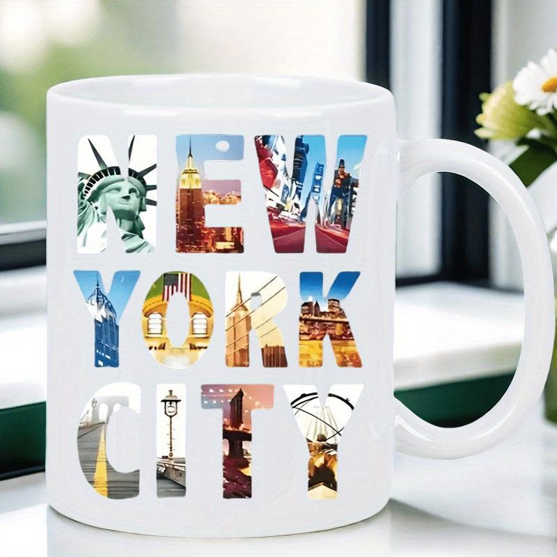 Tailorly White Ceramic 11 oz Mug - New York City Famous Urban Landmark Photos Filling Bold Sans Serif Letters Cityscape