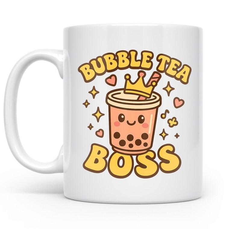 Tailorly White Ceramic 11 oz Mug - Bubble Tea Boss Cute Kawaii Cup Wearing Golden Crown Among Sparkling Hearts And Stars Bubble Tea