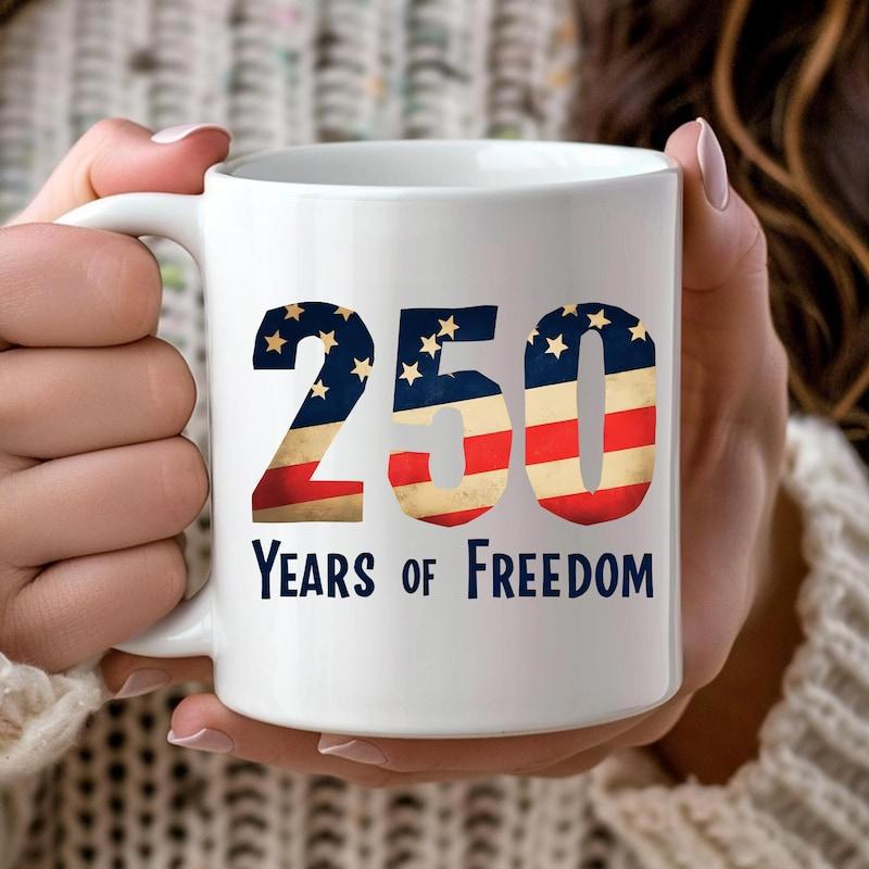 Tailorly White Ceramic 11 oz Mug - 250 Years Of Freedom Patriotic American Flag Stars And Stripes Pattern Inside Large Bold Numbers