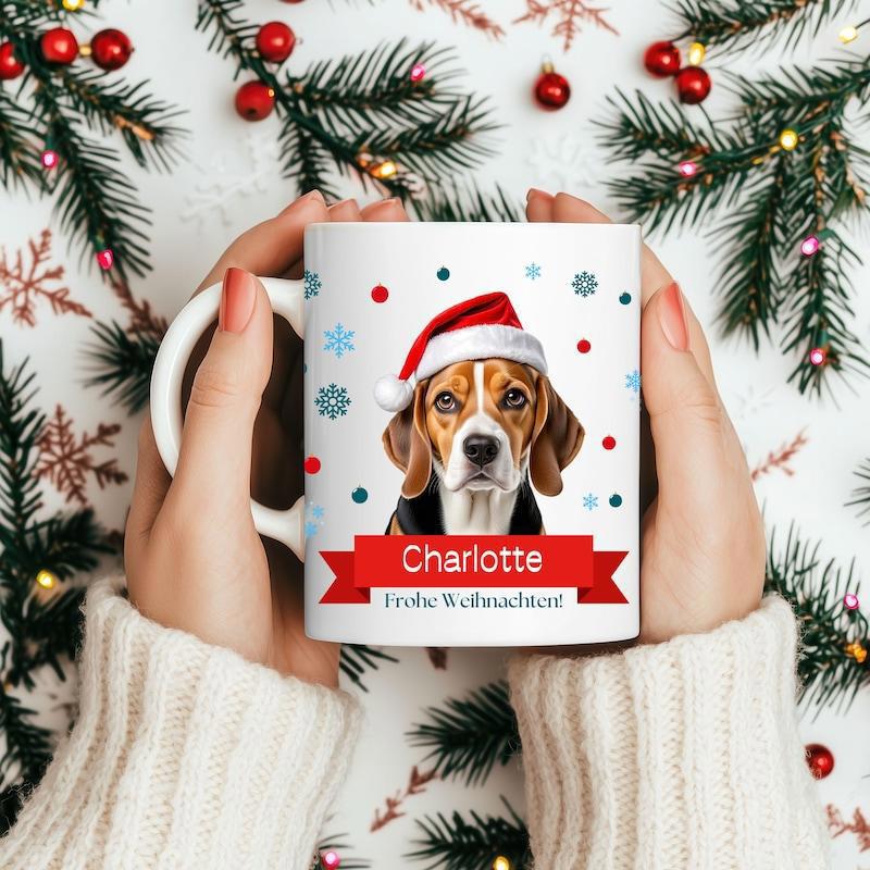 Tailorly White Ceramic 11 oz Mug - Charlotte Festive Beagle Wearing Red Santa Hat Among Falling Blue Snowflakes Beagle