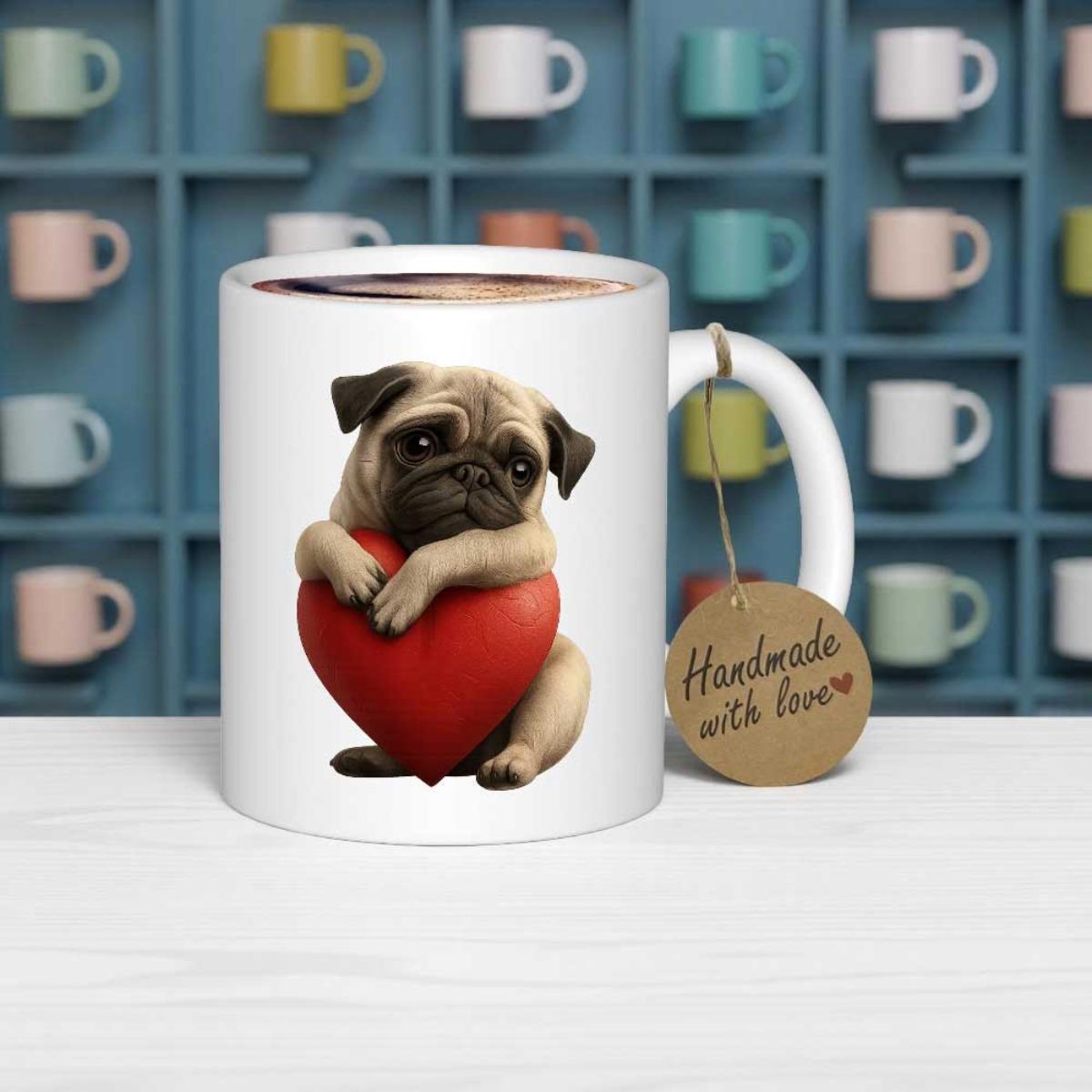 Tailorly White Ceramic 11 oz Mug - Adorable Brown Pug Hugging A Large Bright Red Heart Symbolizing Eternal Love Pug