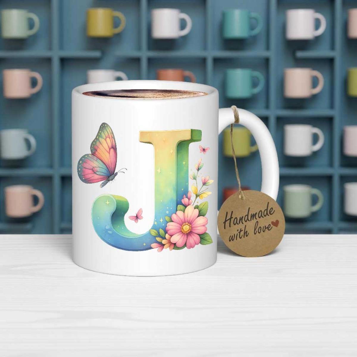 Tailorly White Ceramic 11 oz Mug - Handmade With Love Watercolor Style 3D Floral Letter With Vibrant Butterfly And Pink Blooming Flowers Letter J