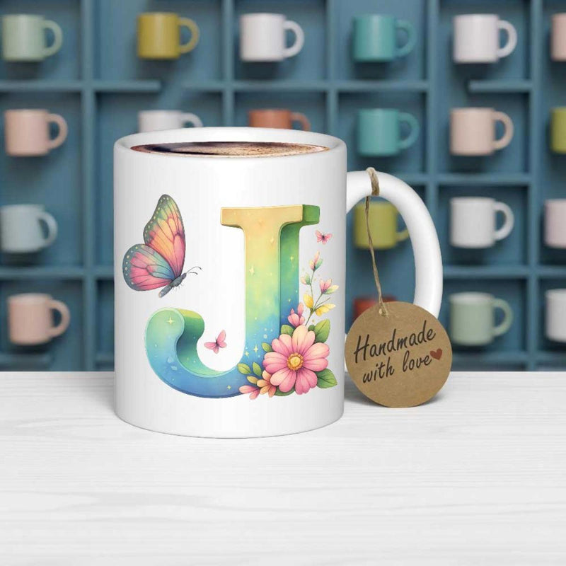 Tailorly White Ceramic 11 oz Mug - Handmade With Love Watercolor Style 3D Floral Letter With Vibrant Butterfly And Pink Blooming Flowers Letter J