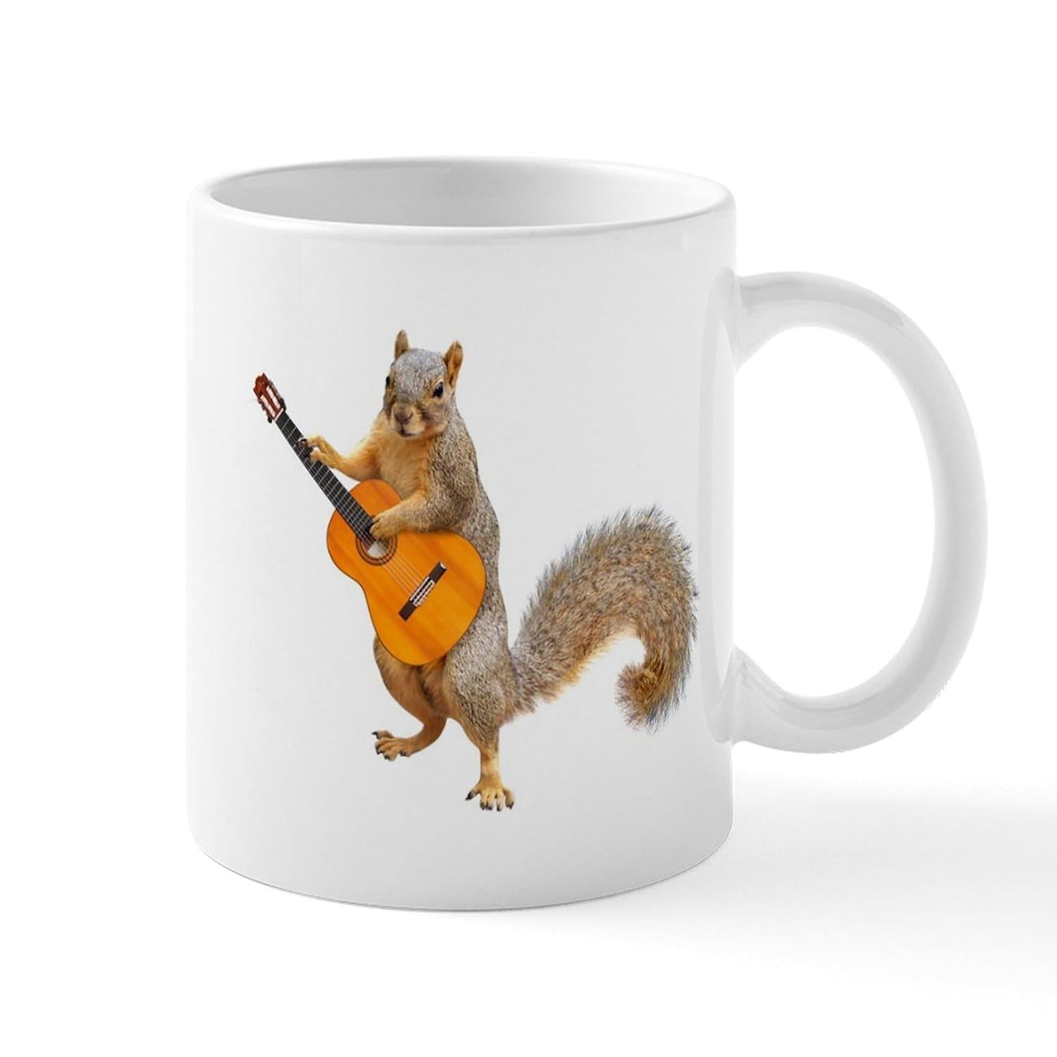 Tailorly White Ceramic 11 oz Mug - Charming Grey Forest Animal Playing An Acoustic Guitar In Nature Squirrel