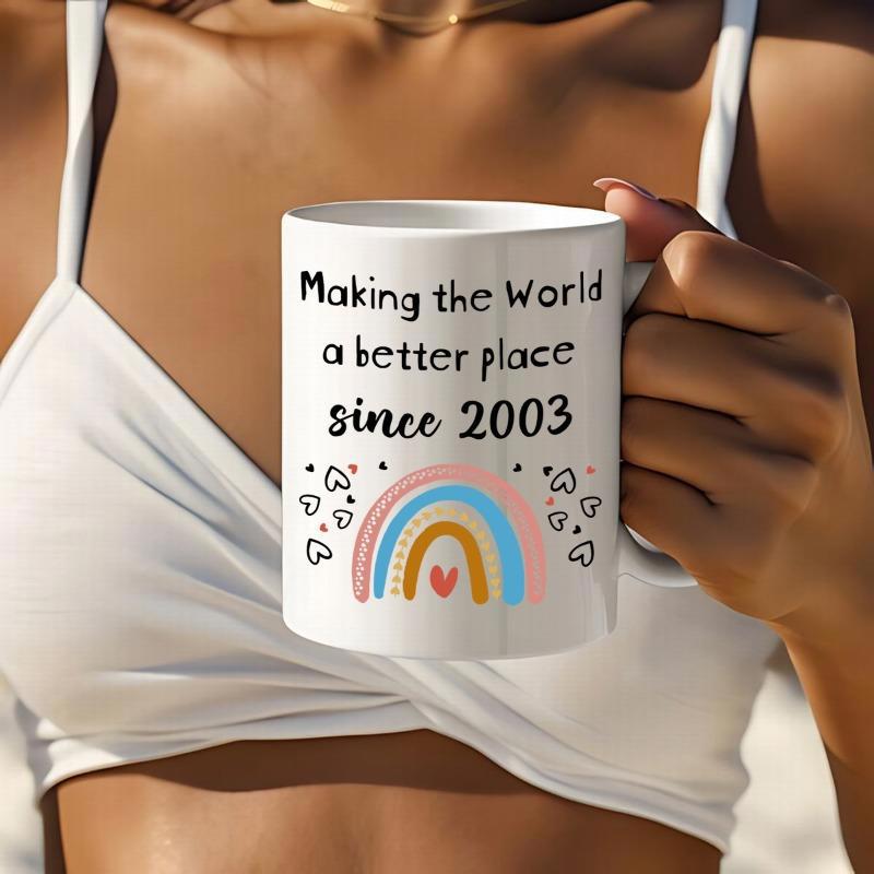 Tailorly White Ceramic 11 oz Mug - Making The World A Better Place Since 2003 Soft Pastel Colors With Delicate Hearts Scattering Around The Cheerful Rainbow