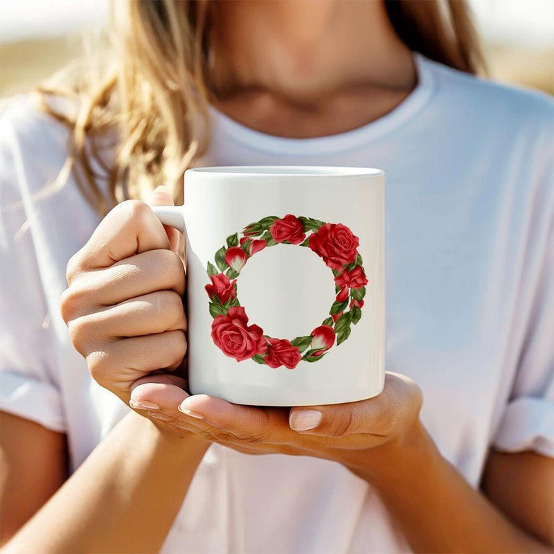 Tailorly White Ceramic 11 oz Mug - Elegant Red Floral Design With Green Leaves Circular Botanical Wreath