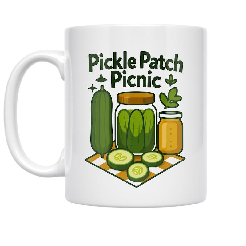 Tailorly White Ceramic 11 oz Mug - Pickle Patch Picnic Cartoon Jars Of Pickles And Slices Resting On Checkered Blanket Pickle
