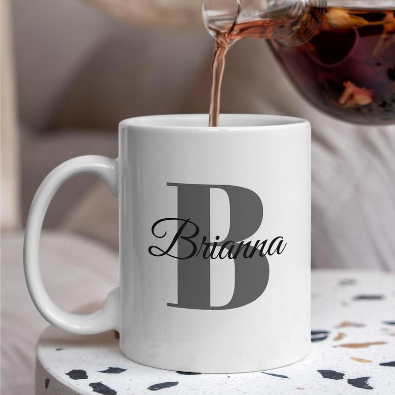 Tailorly White Ceramic 11 oz Mug - Brianna Minimalist Large Serif Letter Background With Elegant Cursive Handwritten Script Mug