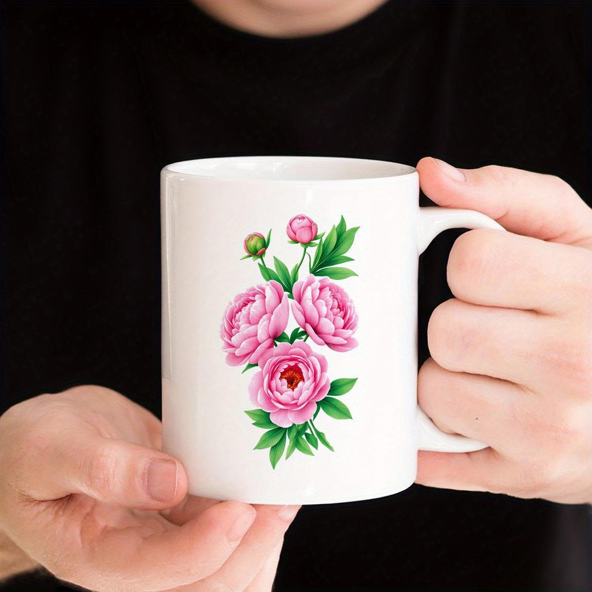 Tailorly White Ceramic 11 oz Mug - Blooming Pink Peonies With Vibrant Green Leaves In Artistic Watercolor Style Peony