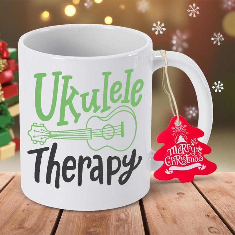 Tailorly White Ceramic 11 oz Mug - Ukulele Therapy Simple Artistic Green Line Drawing Expressing Musical Joy Ukulele