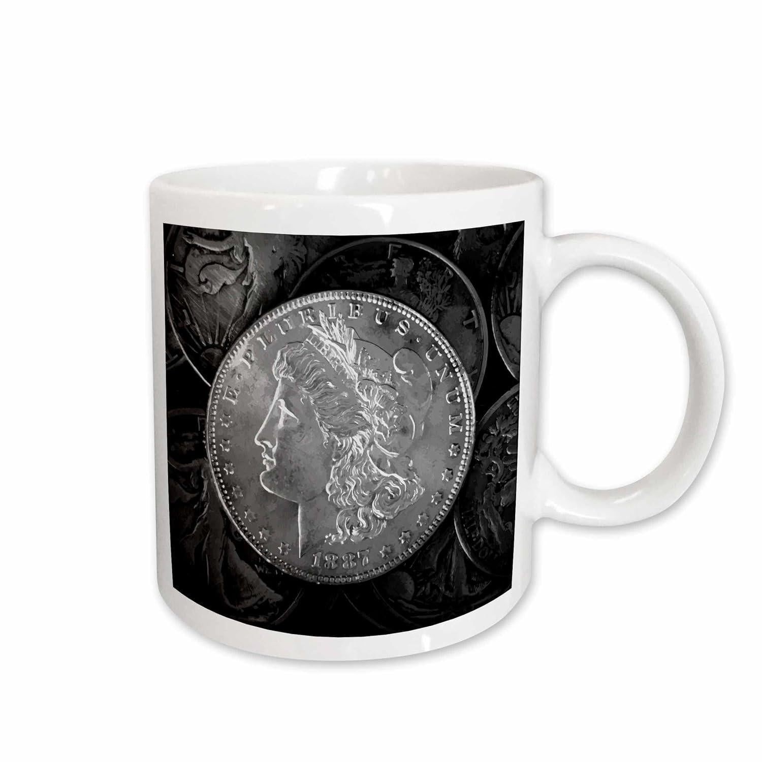 Tailorly White Ceramic 11 oz Mug - Liberty Classic Antique Currency With Intricate Relief Details On A Shimmering Surface Coin