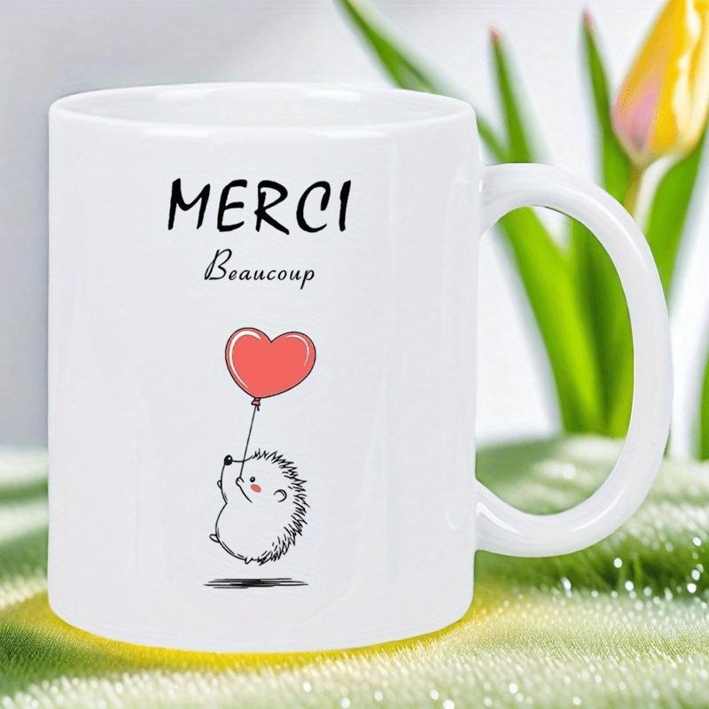 Tailorly White Ceramic 11 oz Mug - Cute Small Creature Holding A Pink Heart Shaped Balloon Floating Hedgehog