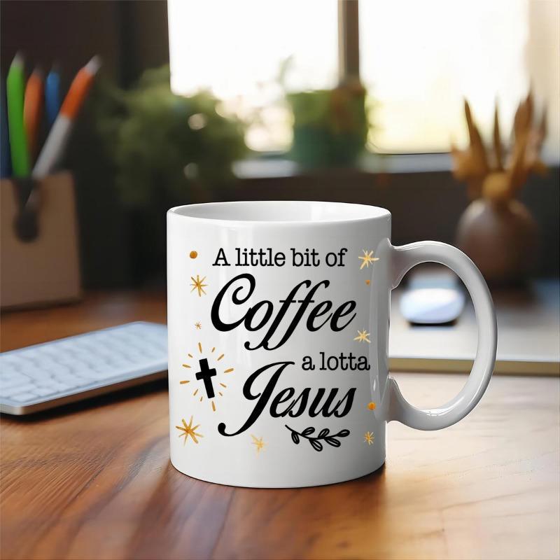 Tailorly White Ceramic 11 oz Mug - A Little Bit Of Coffee A Lotta Jesus Elegant Christian Symbols With Glowing Stars And Delicate Decorative Floral Leaf Cross
