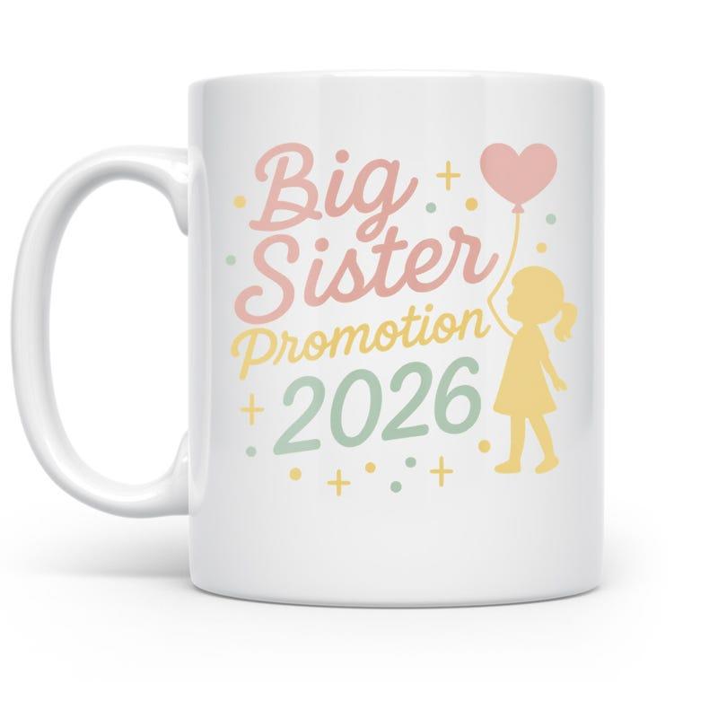 Tailorly White Ceramic 11 oz Mug - Big Sister Promotion 2026 Minimalist Silhouette Holding Heart Shaped Balloon Among Twinkling Bright Stars Girl