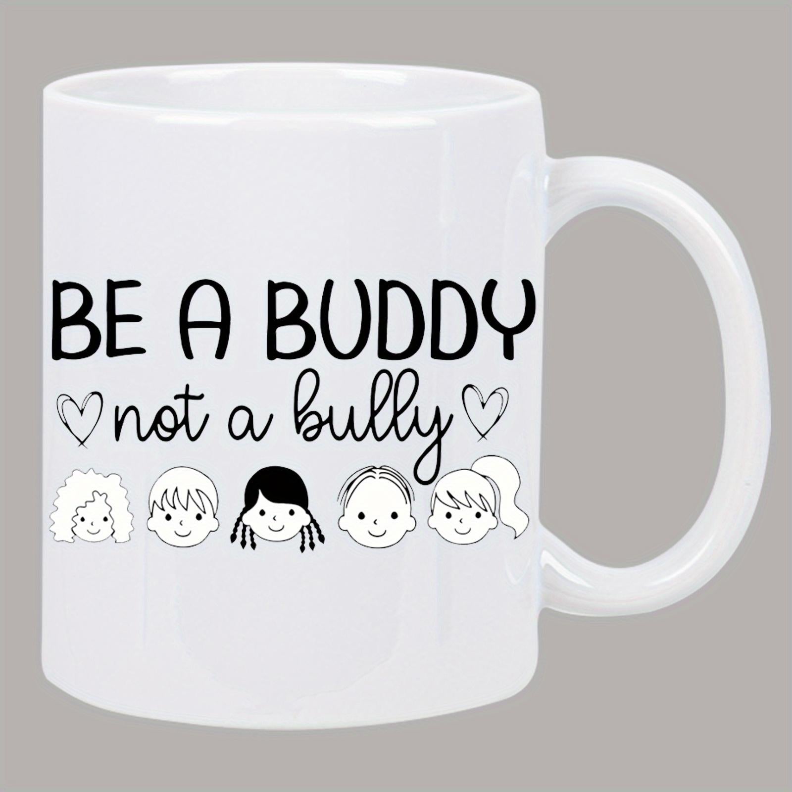 Tailorly White Ceramic 11 oz Mug - Be A Buddy Not A Bully Diverse Line Art Children Faces With Sweet Small Outlined Hearts Mug