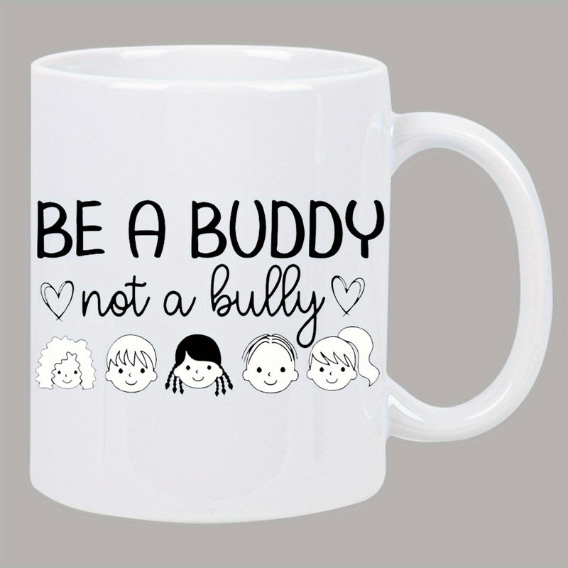 Tailorly White Ceramic 11 oz Mug - Be A Buddy Not A Bully Diverse Line Art Children Faces With Sweet Small Outlined Hearts Mug