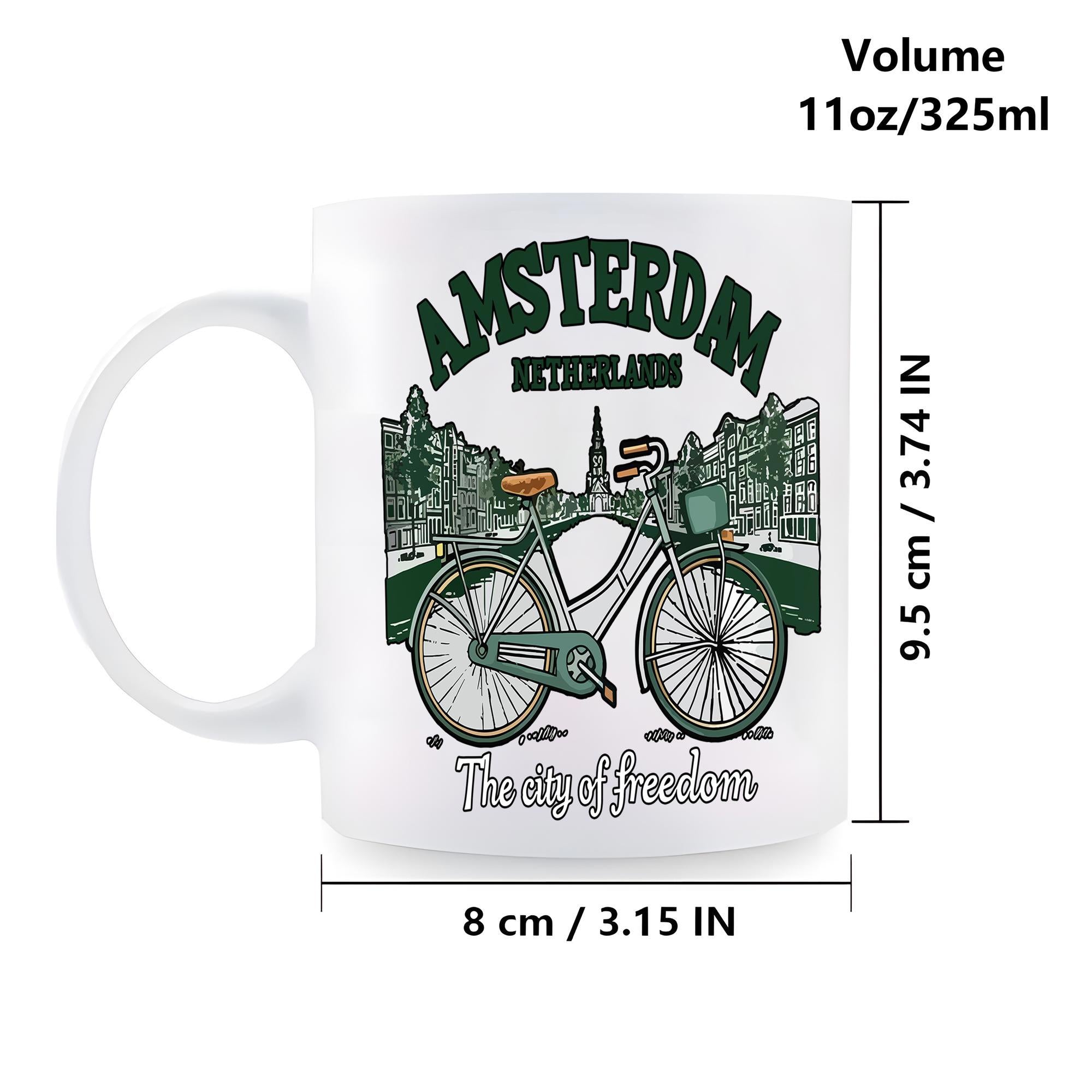 Tailorly White Ceramic 11 oz Mug - Amsterdam Netherlands The City Of Freedom Vintage Style Parked Near Traditional Dutch Architecture Scenic Canal Bicycle