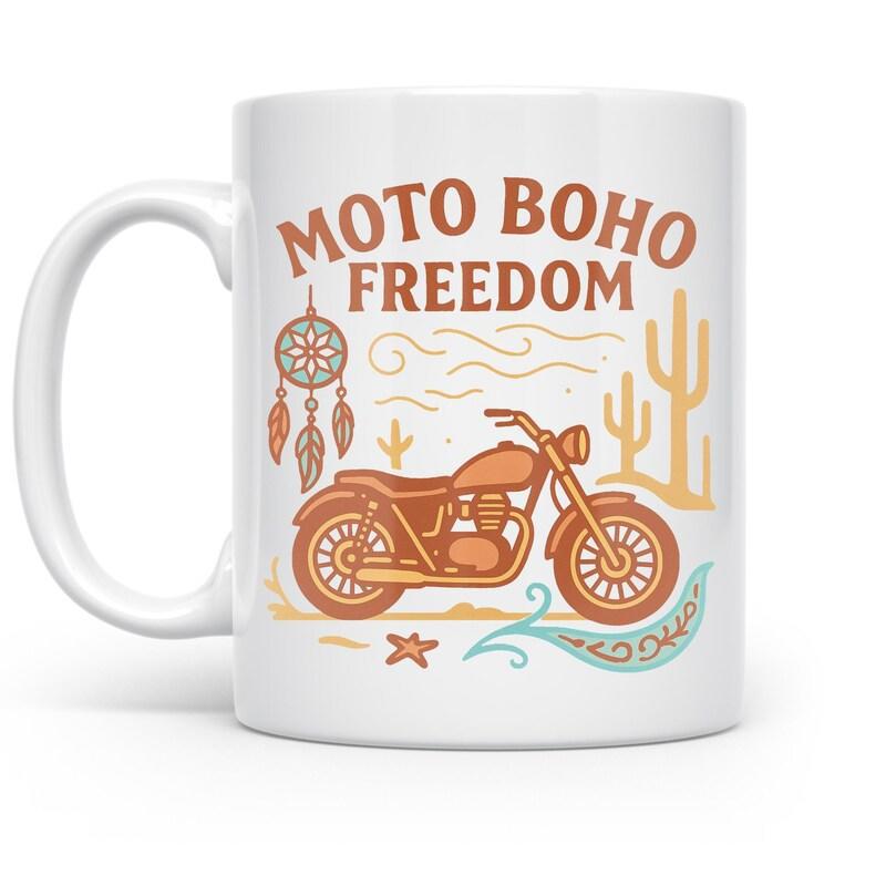 Tailorly White Ceramic 11 oz Mug - Moto Boho Freedom Vintage Styled Bike Parked Among Desert Cacti And Traditional Dreamcatcher Motorcycle