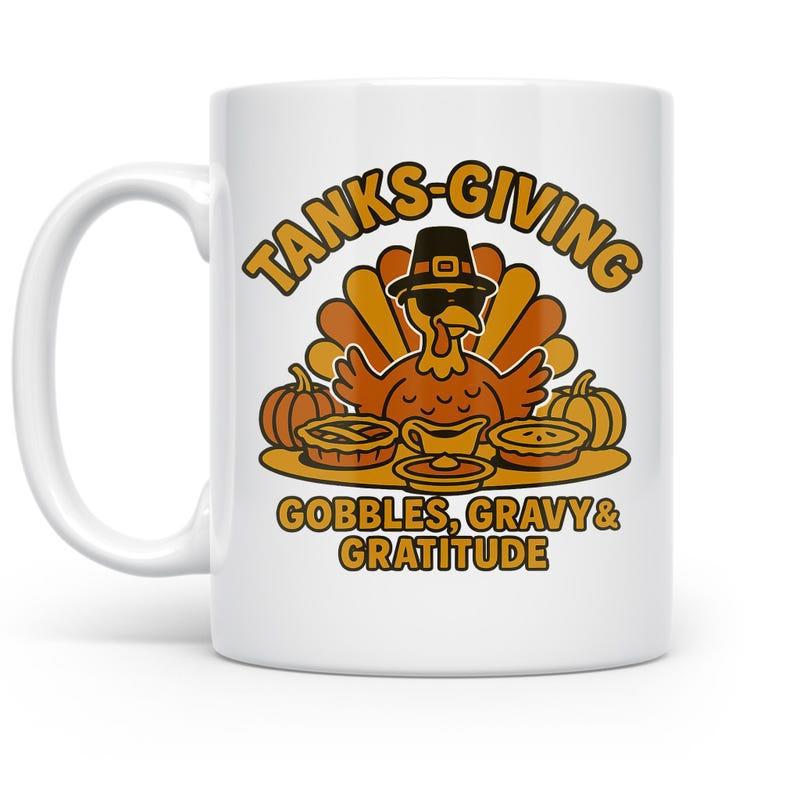 Tailorly White Ceramic 11 oz Mug - Tanks Giving Gobbles Gravy Gratitude Festive Cartoon Turkey Wearing Sunglasses Among Pumpkins And Seasonal Feast Turkey