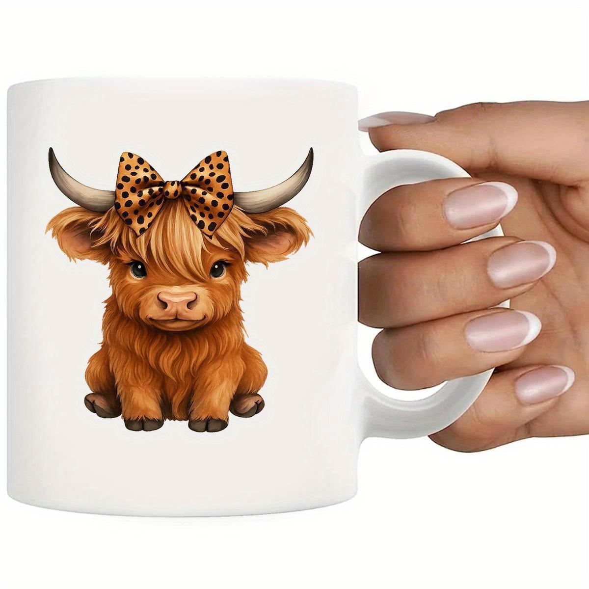 Tailorly White Ceramic 11 oz Mug - Adorable Sitting Baby Highland Cow With A Leopard Print Bow Highland Cow