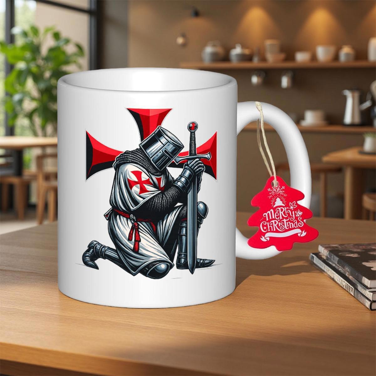 Tailorly White Ceramic 11 oz Mug - Merry Christmas Kneeling Medieval Warrior Wearing White Robes Holding A Heavy Sword Knight