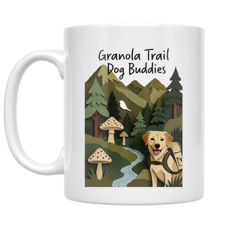 Tailorly White Ceramic 11 oz Mug - Granola Trail Dog Buddies Scenic Mountain Landscape With Pine Trees Mushrooms And A Winding River Dog