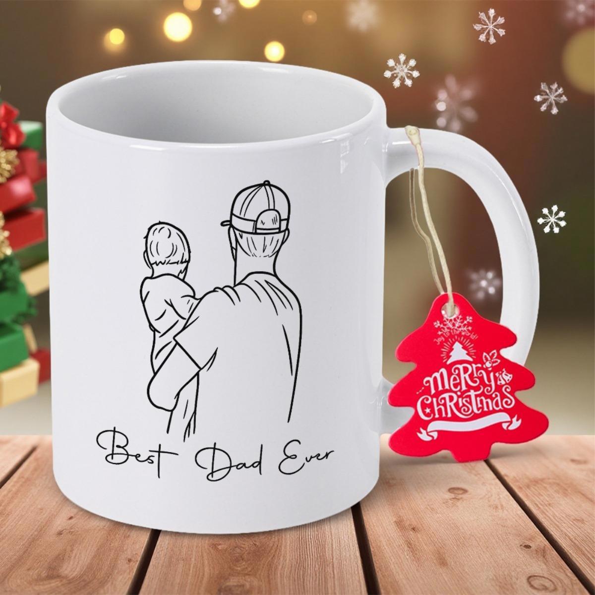 Tailorly White Ceramic 11 oz Mug - Best Dad Ever Minimalist Black Line Drawing Of A Father Holding Child Father