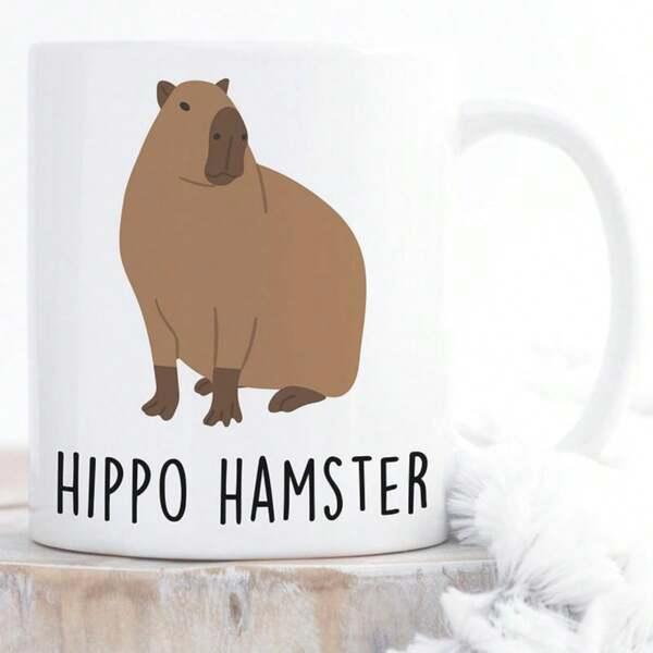 Tailorly White Ceramic 11 oz Mug - Hippo Hamster Adorable Minimalist Sitting Brown Earthy Toned Animal Graphic Character Capybara