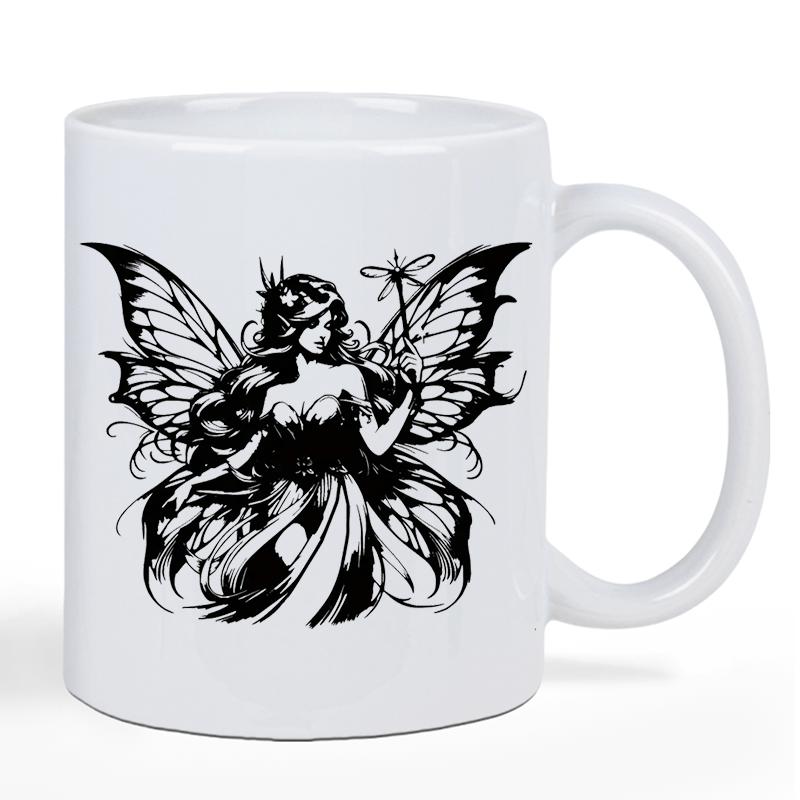 Tailorly White Ceramic 11 oz Mug - Artistic Monochrome Silhouette With Intricate Butterfly Wings And Delicate Wand Fairy