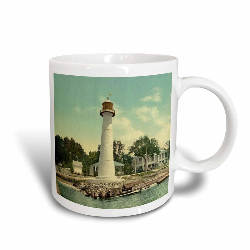 Tailorly White Ceramic 11 oz Mug - Vintage Coastal Landscape Featuring A Tall White Beacon Above The Ocean Lighthouse