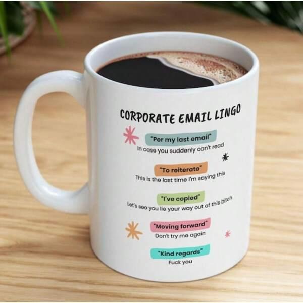 Tailorly White Ceramic 11 oz Mug - Corporate Email Lingo Per My Last Email To Reiterate I've Copied Moving Forward Kind Regards Fuck You Minimalist White Ceramic