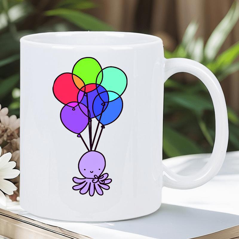 Tailorly White Ceramic 11 oz Mug - Cute Purple Sea Creature Floating Upwards With Vibrant Colorful Round Balloons Octopus