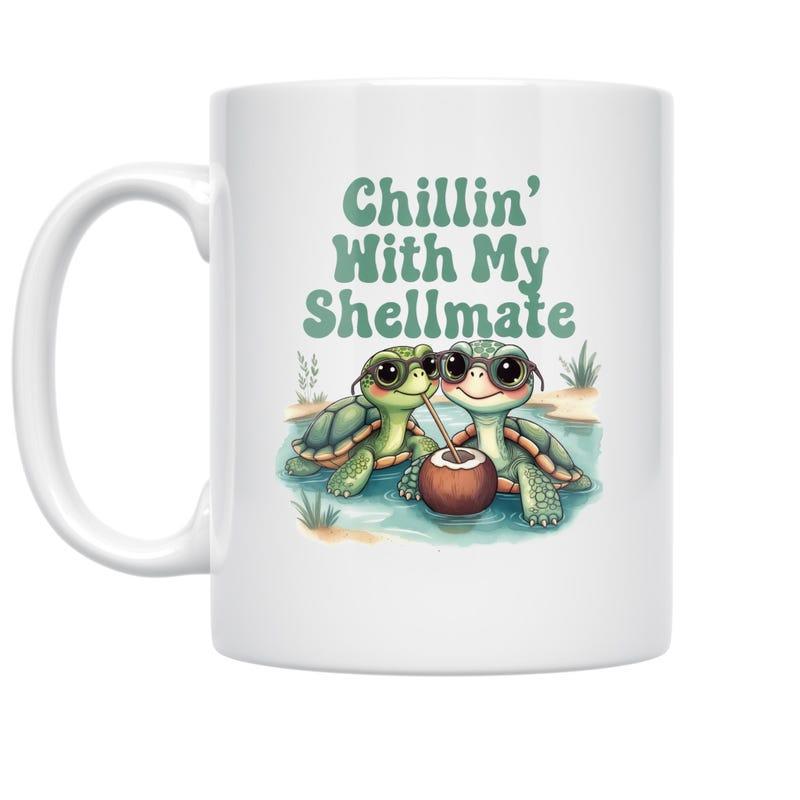 Tailorly White Ceramic 11 oz Mug - Chillin With My Shellmate Two Adorable Baby Turtles Wearing Sunglasses Beside A Tropical Coconut Turtle