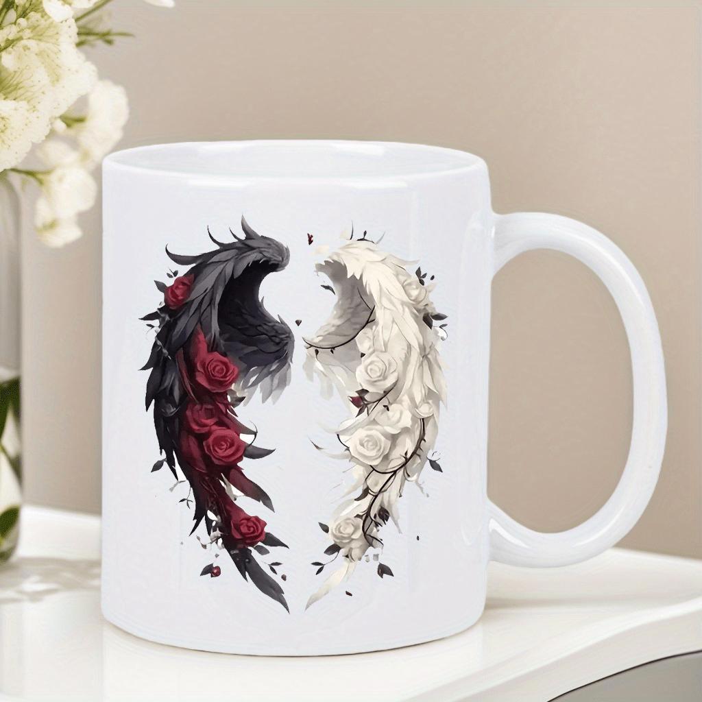 Tailorly White Ceramic 11 oz Mug - Elegantly Detailed Contrasting Black And White Feathers With Vibrant Red Roses Wings