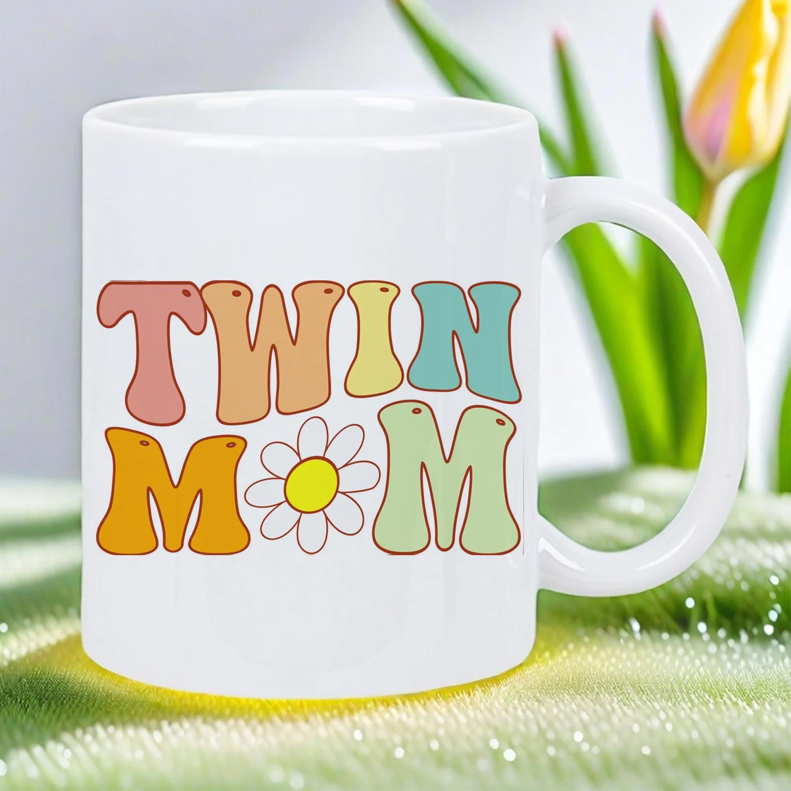 Tailorly White Ceramic 11 oz Mug - Twin Mom Colorful Retro Style Lettering With A Single White Petal Daisy