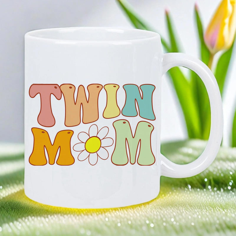 Tailorly White Ceramic 11 oz Mug - Twin Mom Colorful Retro Style Lettering With A Single White Petal Daisy