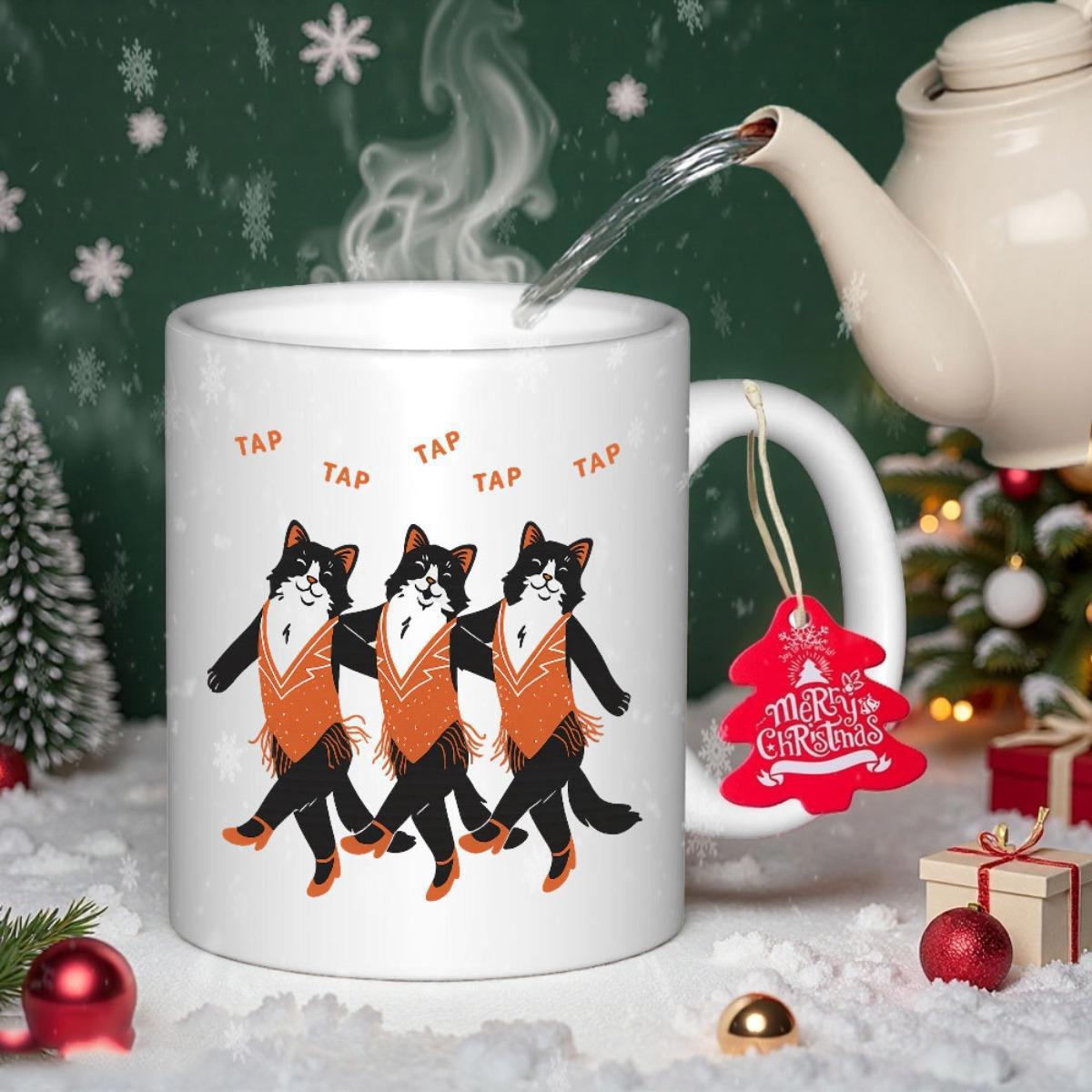 Tailorly White Ceramic 11 oz Mug - Tap Tap Tap Tap Tap Three Tuxedo Animals Wearing Outfits Performing A Lively Rhythmic Tap Dance Cat