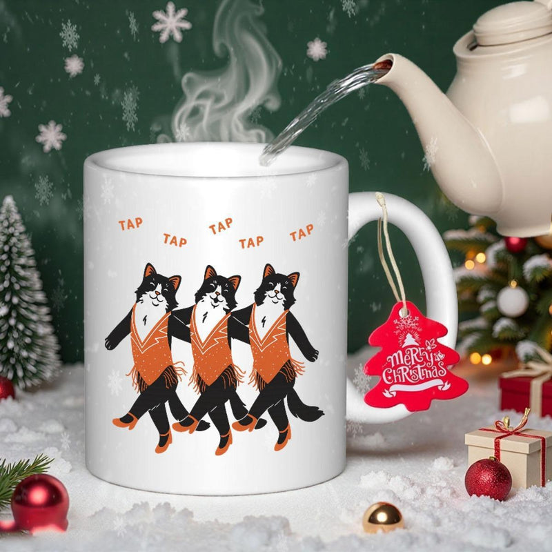 Tailorly White Ceramic 11 oz Mug - Tap Tap Tap Tap Tap Three Tuxedo Animals Wearing Outfits Performing A Lively Rhythmic Tap Dance Cat
