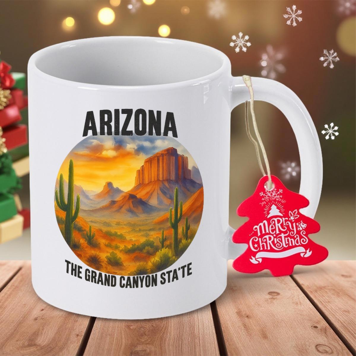 Tailorly White Ceramic 11 oz Mug - Arizona The Grand Canyon State Scenic Desert Landscape With Giant Cacti Under Warm Golden Sunset Landscape