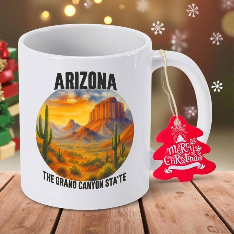 Tailorly White Ceramic 11 oz Mug - Arizona The Grand Canyon State Scenic Desert Landscape With Giant Cacti Under Warm Golden Sunset Landscape