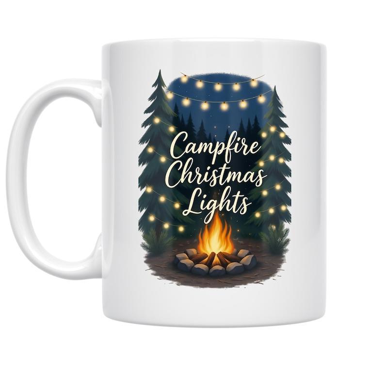 Tailorly White Ceramic 11 oz Mug - Campfire Christmas Lights Glowing Strings Of Lights Hanging Between Pine Trees Near Burning Campfire