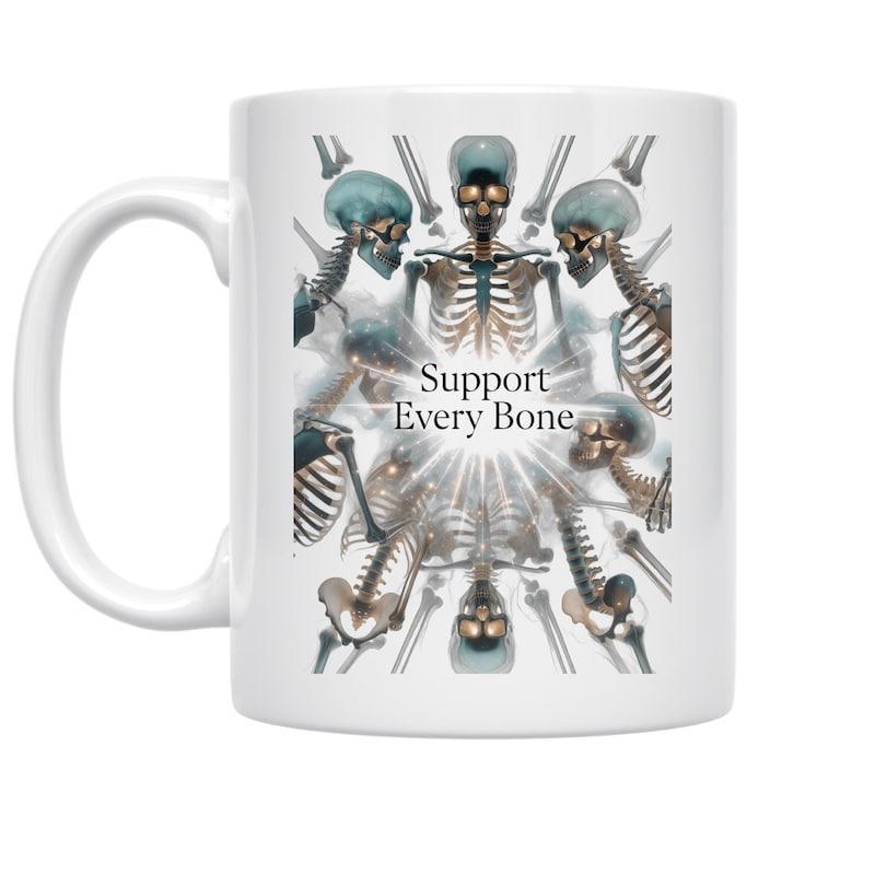 Tailorly White Ceramic 11 oz Mug - Support Every Bone Intricate Radial Pattern Featuring Multiple Human Skeletons Arranged In Circular Skeleton