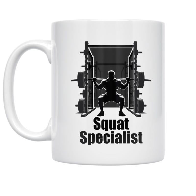 Tailorly White Ceramic 11 oz Mug - Squat Specialist Powerful Muscular Silhouette Performing Heavy Barbell Squats Inside Gym Power Rack Athlete