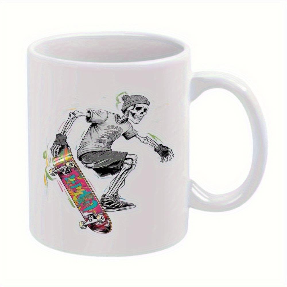 Tailorly White Ceramic 11 oz Mug - Urban Skater Wearing Beanie Performing Action Trick With Colorful Vibrant Skateboard Skeleton