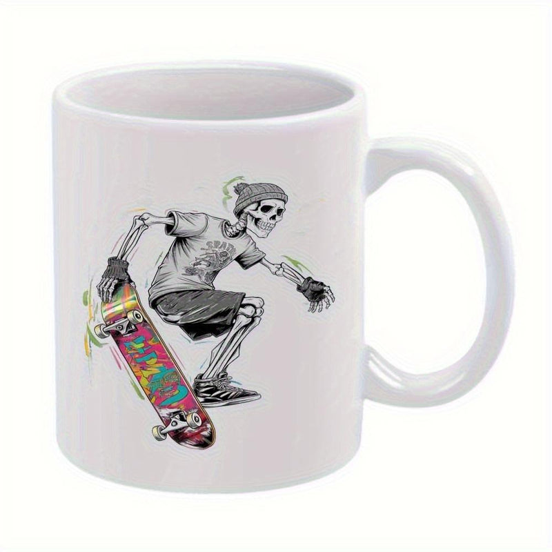 Tailorly White Ceramic 11 oz Mug - Urban Skater Wearing Beanie Performing Action Trick With Colorful Vibrant Skateboard Skeleton