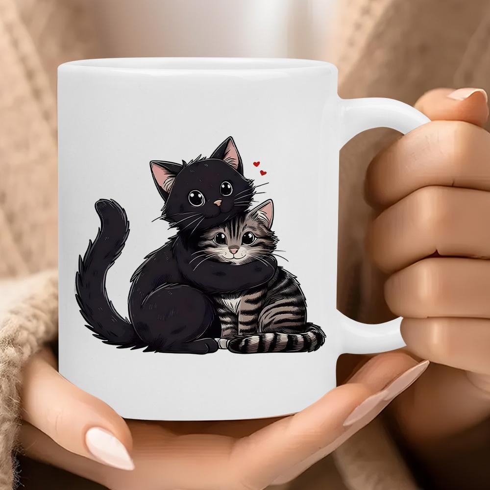 Tailorly White Ceramic 11 oz Mug - Adorable Cartoon Black And Tabby Feline Pair Embracing With Tiny Hearts Cat