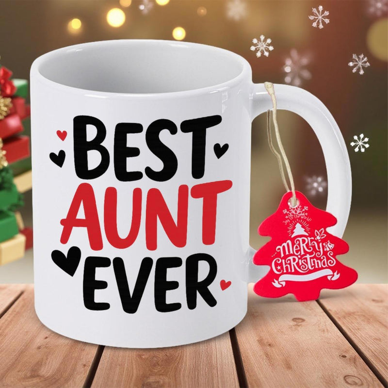 Tailorly White Ceramic 11 oz Mug - Best Aunt Ever Minimalist White Ceramic Vessel Adorned With Small Hearts Sitting On Wood Mug
