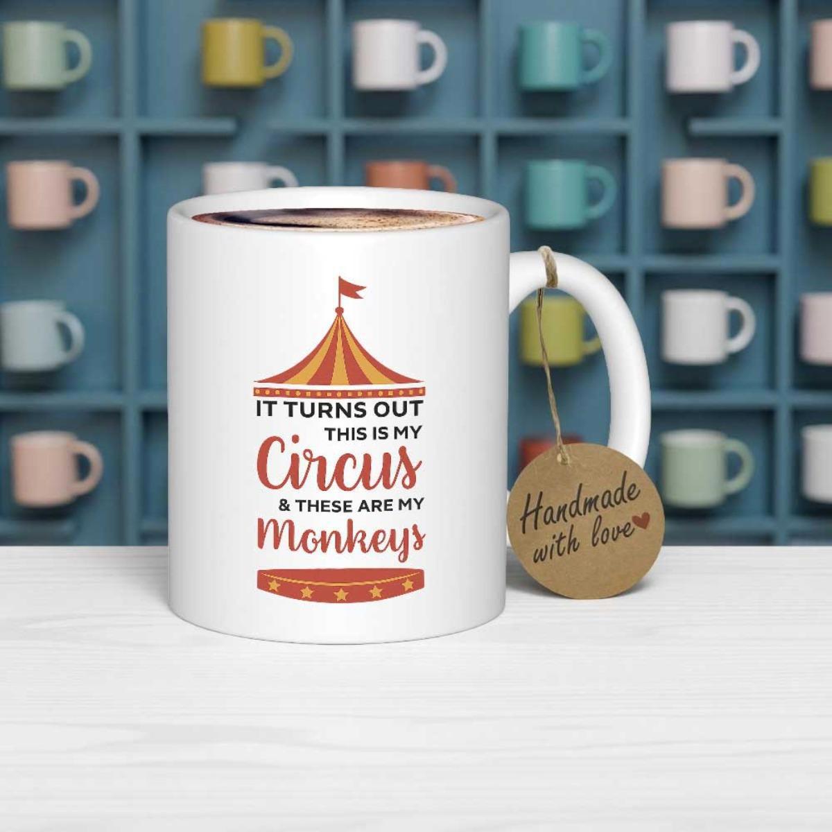 Tailorly White Ceramic 11 oz Mug - It Turns Out This Is My Circus And These Are My Monkeys Classic Red And Orange Striped Circus Tent With Flag Mug