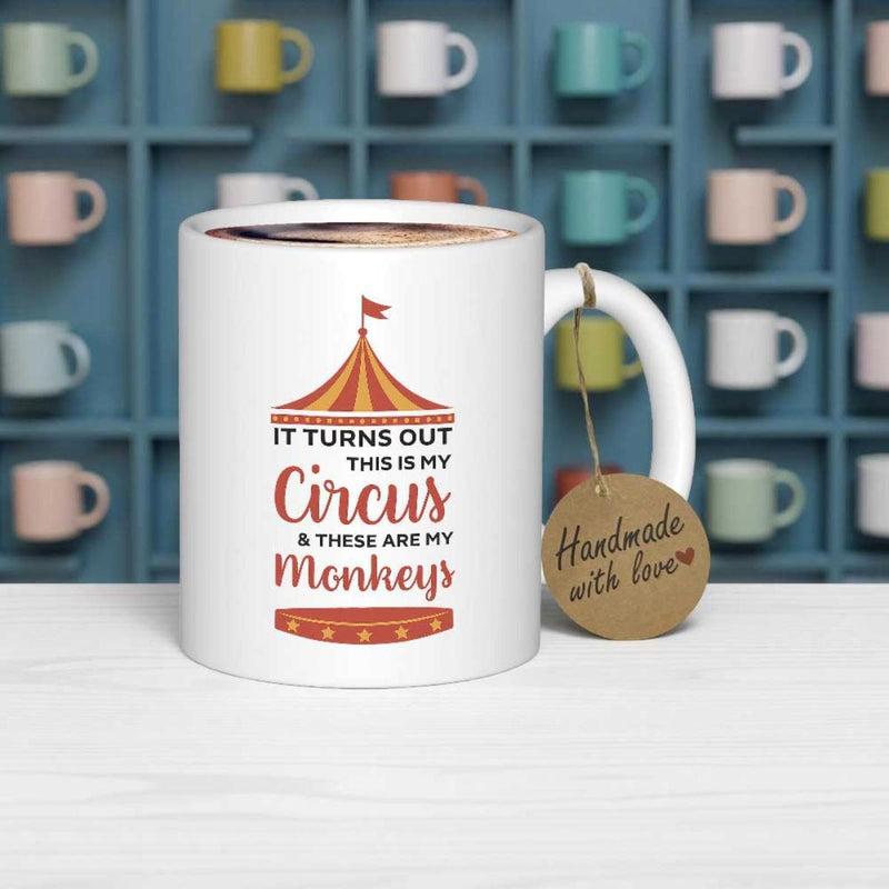 Tailorly White Ceramic 11 oz Mug - It Turns Out This Is My Circus And These Are My Monkeys Classic Red And Orange Striped Circus Tent With Flag Mug