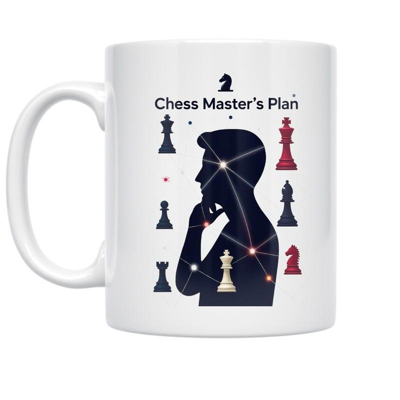 Tailorly White Ceramic 11 oz Mug - Chess Masters Plan Thoughtful Silhouette Profile Surrounded By Network Lines And Strategic Pieces Thinker